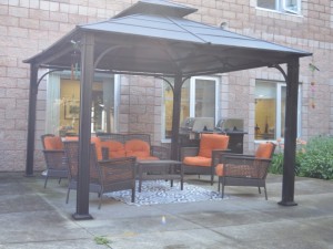 Outdoor seating area under a gazebo