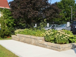 Flower beds on property with parking lot in the background 