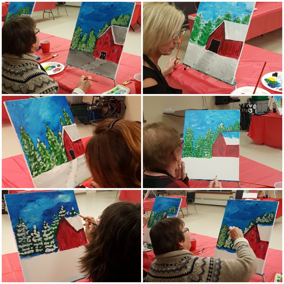 grid of six images of women painting a red barn during winter